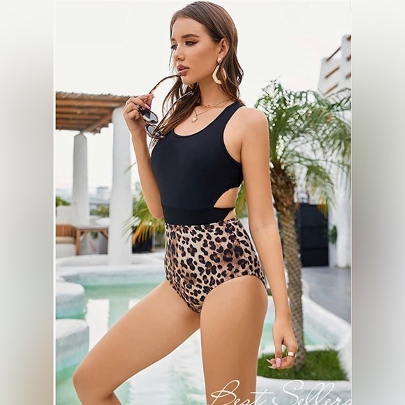 LEOPARD Print High Waisted Cutout Racerback Zip Up Swimwear - L - Picture 1 of 13